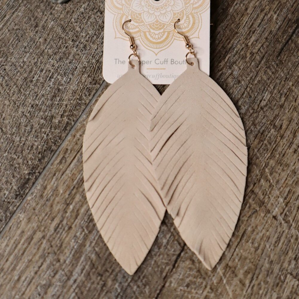 Large Ivory Leather Leaf Earrings | Genuine Leather | Lightweight Statement